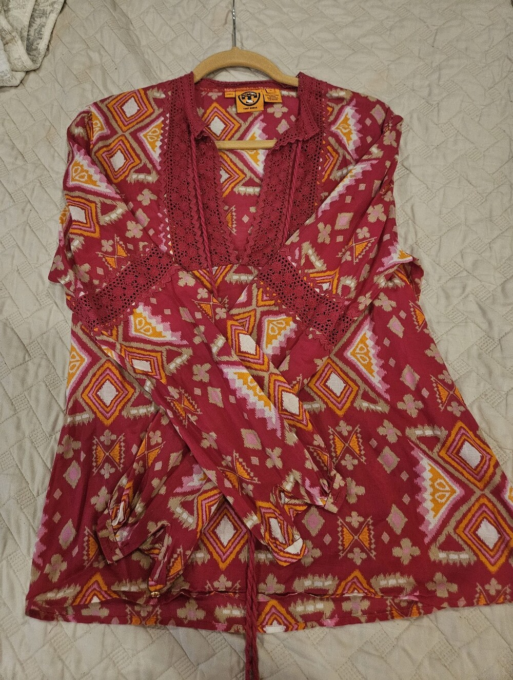 Tory Burch Pink Geometric Crochet-Trim Tunic